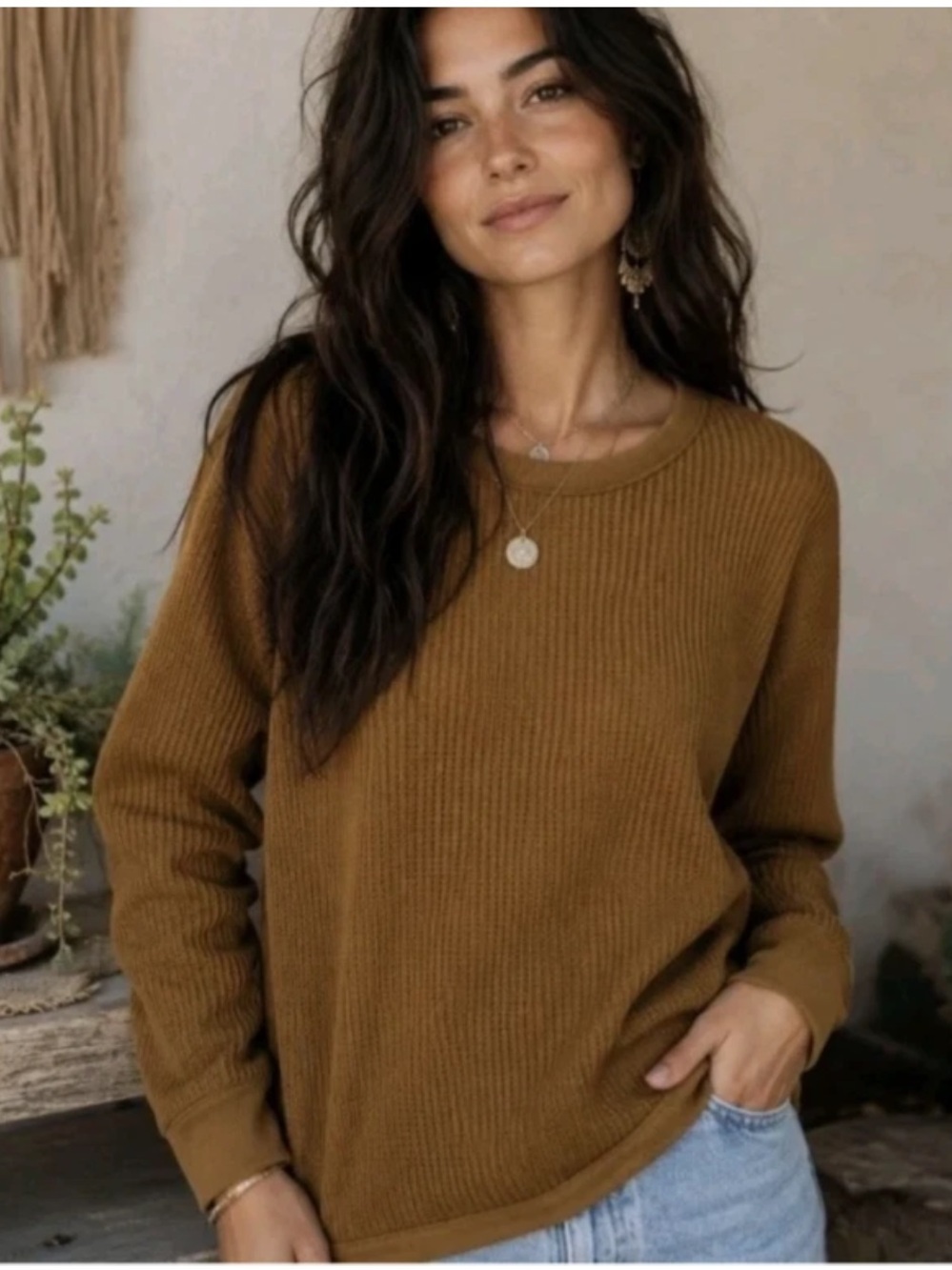 LL Bean Signature Womens Sz S Waffle Knit Thermal Long Sleeve Autumn Tee